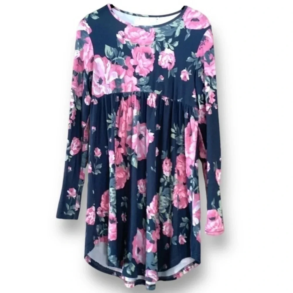 Macr & Steve Floral Long Sleeve‎ Babydoll Tunic with Flared Hem
